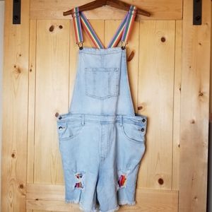 Target Denim Rainbow Stripe Raw Hem Light Wash Shortalls